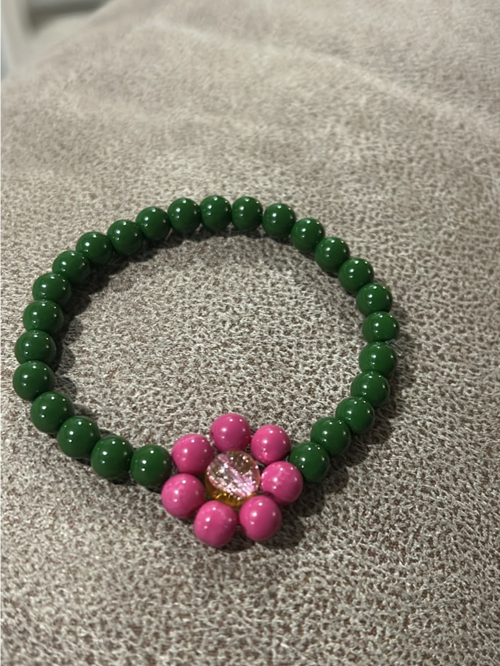 Green Beaded Kids Bracelet with Pink Flower Accent